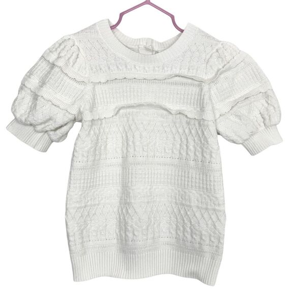 Janie and Jack Girls White Textured Sweater Top Size 5 Puff Sleeves Button Back - Picture 1 of 4
